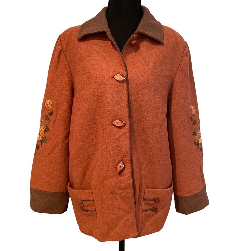 VTG Huazun Embroidered‎ Wool Blend Jacket Rust Brown Artsy Boho Whimsigoth